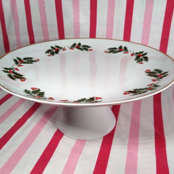 Beautiful Mid Century Holly Berry Ceramic Cake Plate Stand Holiday Server Japan - Picture 3 of 12